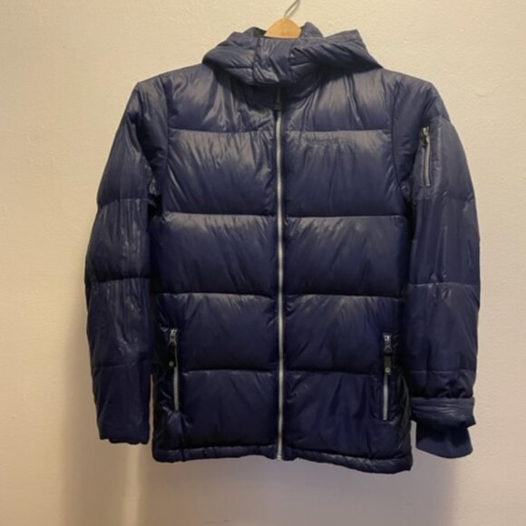 Marmot zip front mock down fill puffer jacket with detachable hood in blue